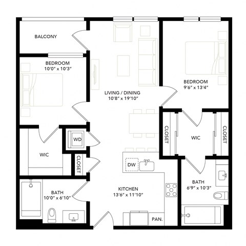 Floor plan for 2 beds, 2 baths, 968 sqft